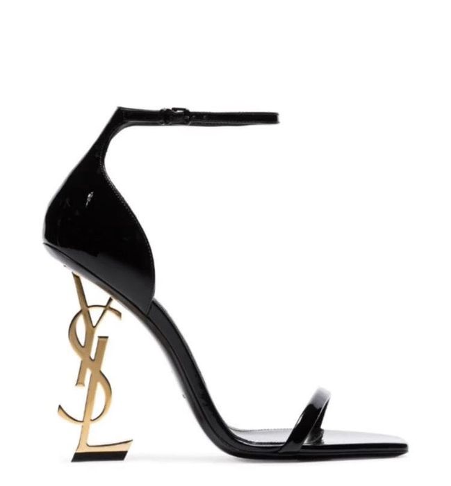 Женские черные босоножки на золотом каблуке YSl Opyum Yves Saint