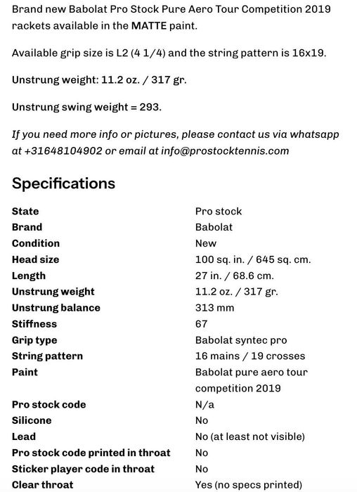 Babolat Pro Stock Pure Aero Tour Competition 2019