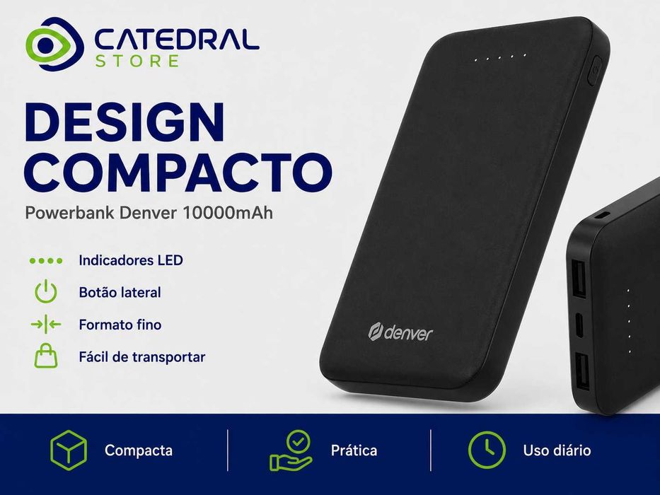 Powerbank Denver 10000mAh Preta – USB-A / USB-C – Nova
