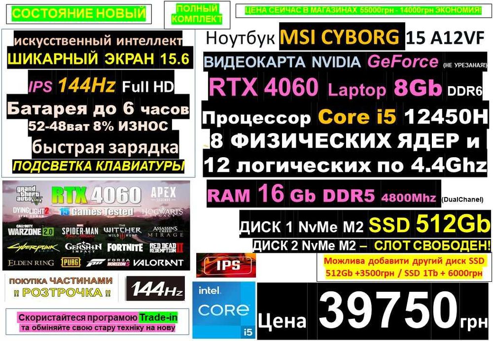 100+ Ноутбуківℹ️Treid-Inℹ️НОВЫЙℹ️MSI CYBORG‼️RTX4060 8Gb‼️SSD 512Gb/RAM 16Gb