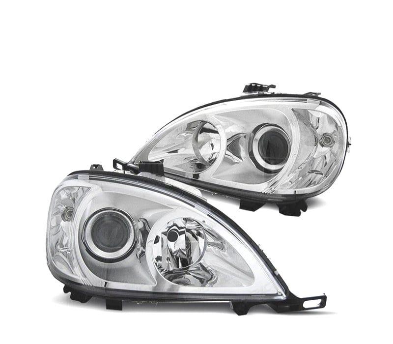 FARÓIS MERCEDES CLASSE ML W163 98-01 LOOK RESTYLING FUNDO CROMADO