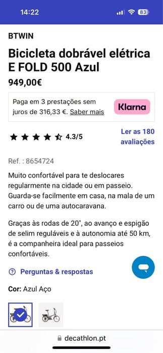 Bicicleta dobrável elétrica E FOLD 500 Azul