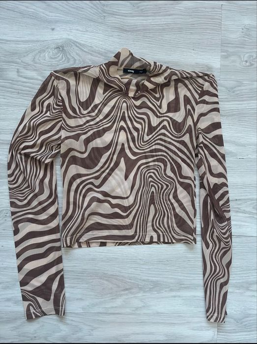 Abstract Mesh Crop Top – Long Sleeve, Brown Swirl Pattern, Sinsay size