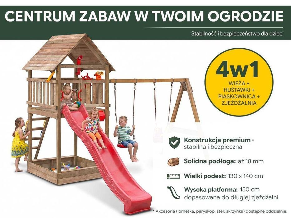 Wieża zabaw zjeżdżalnia piaskownica huśtawka - Duża Platforma - 1,8m2