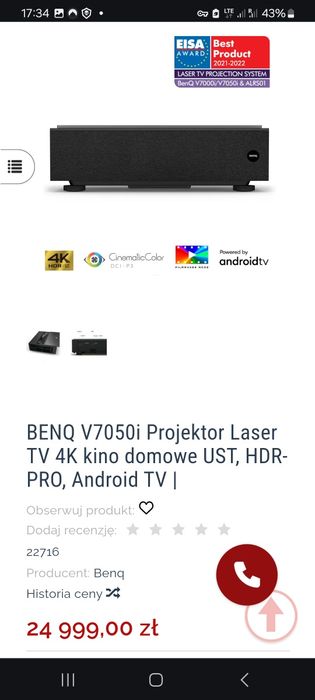 Projektor Laserowy  Benq V7050  i  4K z ekranem w komplecie.