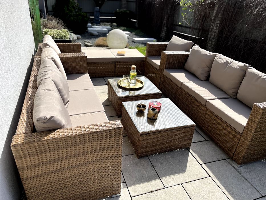 (TM) BORNEO XXL zestaw technorattan beżowoszary sofa fotel pufa