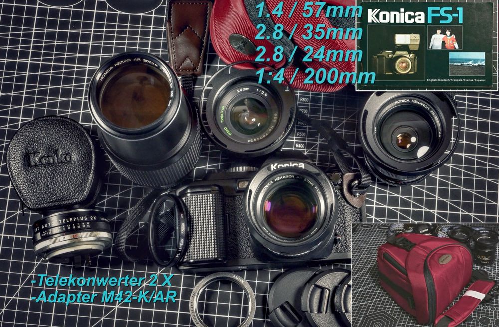 Analogowy zestaw KONICA. S.Nr.:468702 + 4 obiektywy+Telekonwerter+Adapter M42-K/AR+NOWA torba+NOWY pasek+3 NOWE filtry UV+3 NOWE metalowe osłony