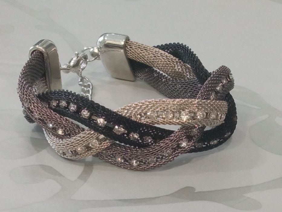 Conjunto - gargantilha e pulseira entrançada - preto, cinza, prata