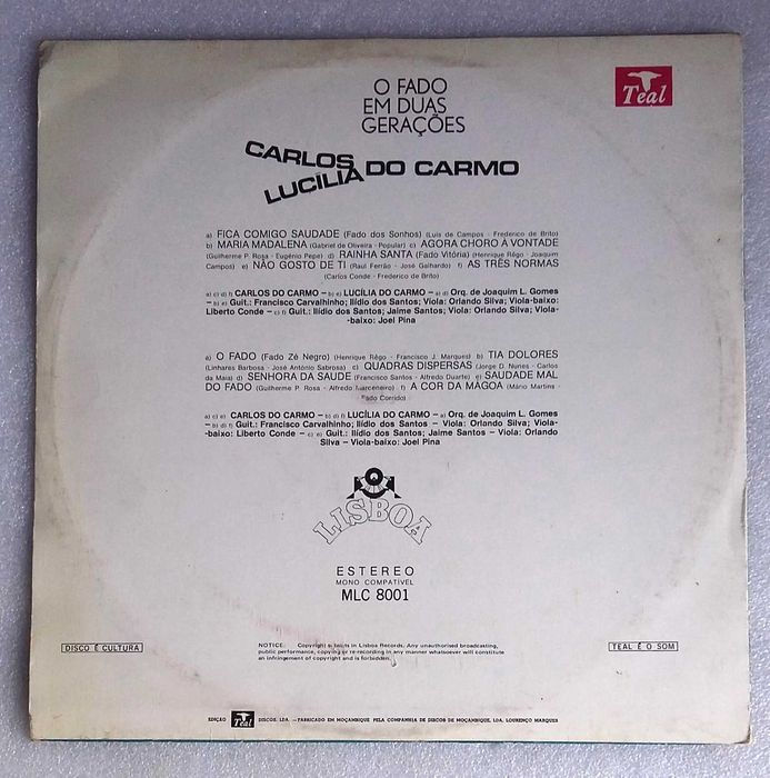 Carlos Do Carmo, Lucília Do Carmo - O Fado Em Duas Gerações  LP - Raro