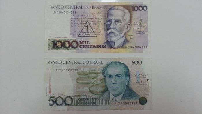 2 Brazilian Cruzado Banknotes: One 1000 Cruzados and One 500 Cruzados