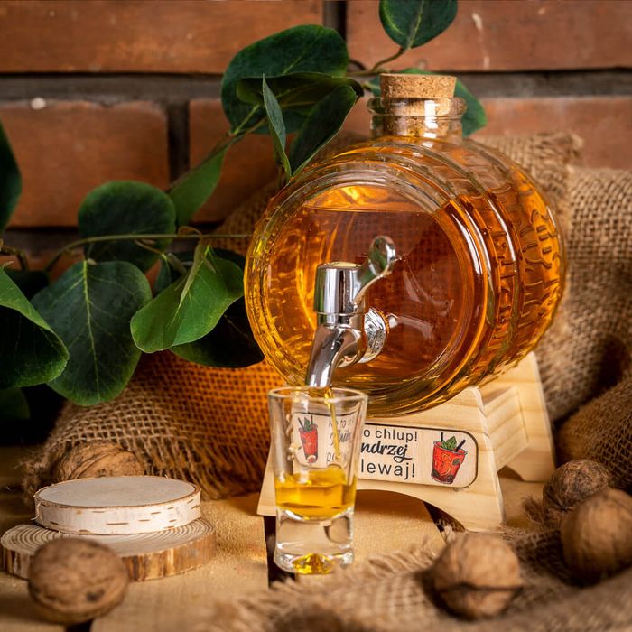 Beczka beczułka 1l szklana + stojak + tabliczka z nadrukiem