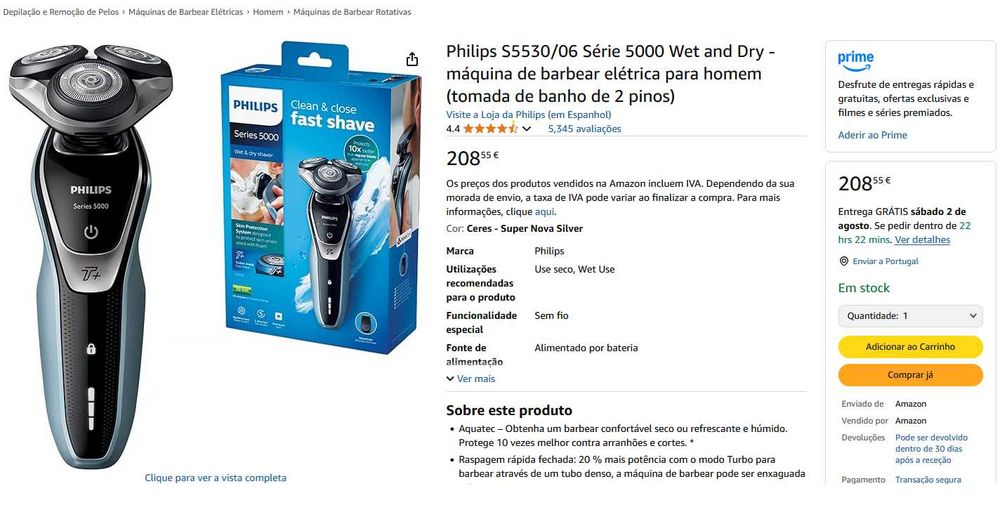 Máquina Barbear Philips S5530 - Topo de Gama