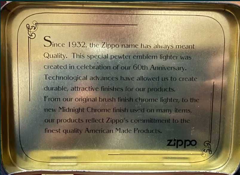 Isqueiro Zippo 60th Anniversary (1932-1992) - Edição Comemorativa de Coleção