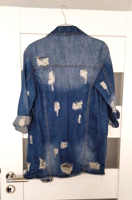 Kurtka jeans,  katana jeansowa, kwiaty, przetarcia, naszywki rozm. S/M