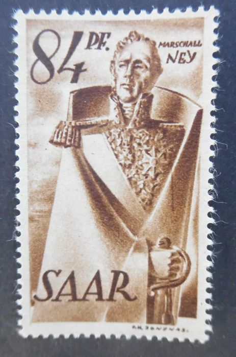 Selo escasso 1947 Marshall Ney & Saar River variante C/ assinatura