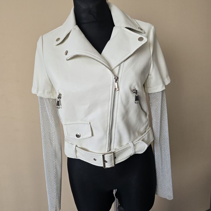 Damska kurtka ramoneska eko skóra ecru  siateczkowe rękawy S/M