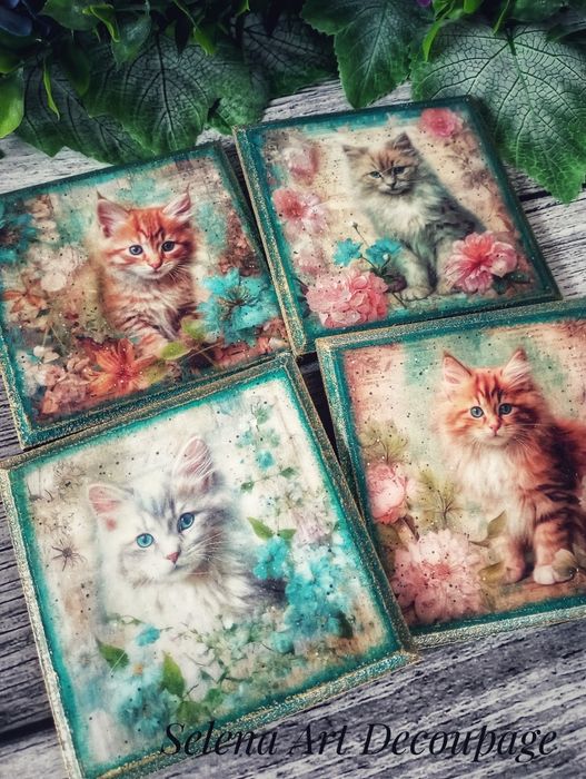Ozdobne podstawki Magiczne Kotki vintage farmhouse shabby decoupage