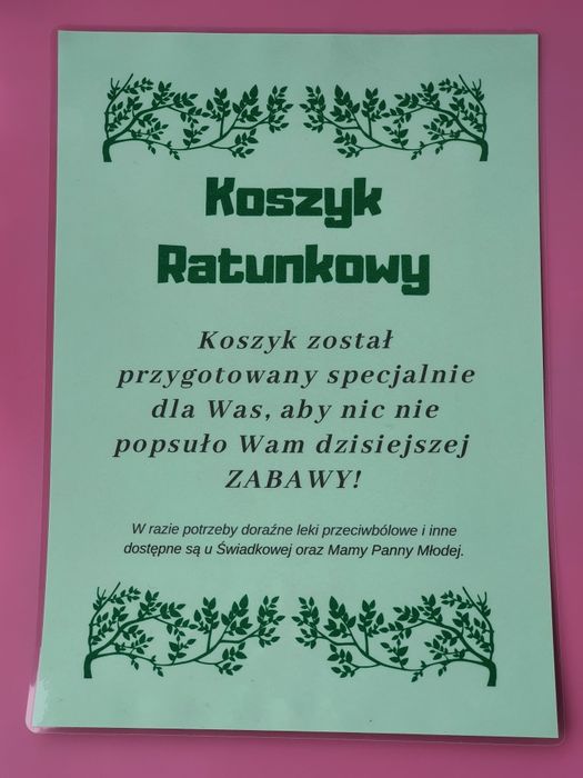 Koszyk ratunkowy wesele laminowana informacja, karta A4.
