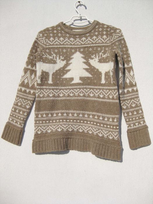 Шерстяной тёплый свитер серо бежевый с принтом олени ZARA S