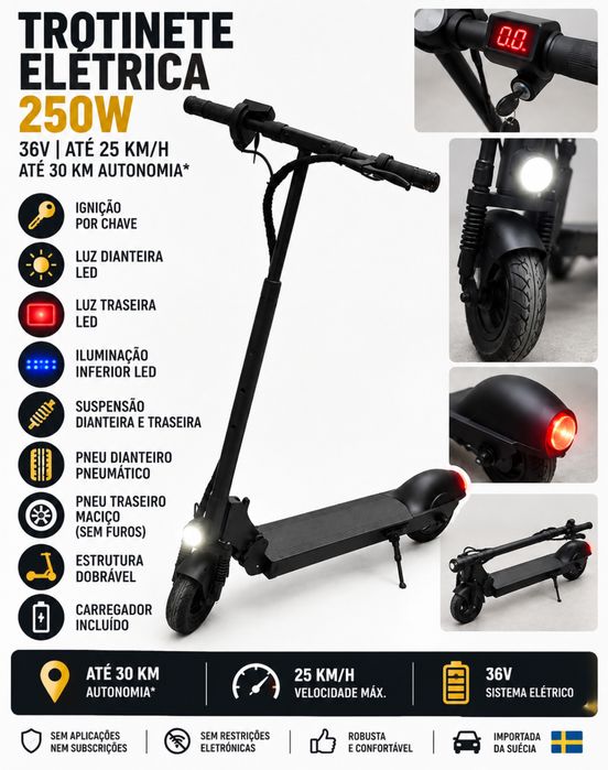 Trotinete Elétrica | Suspensão Dupla | Chave | Luzes LED | Dobrável