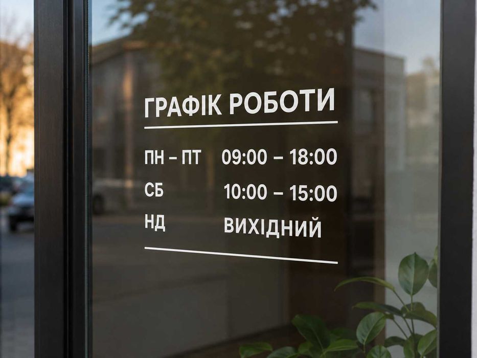 Наклейки логотип,графік роботи на скло,вітрина,двері