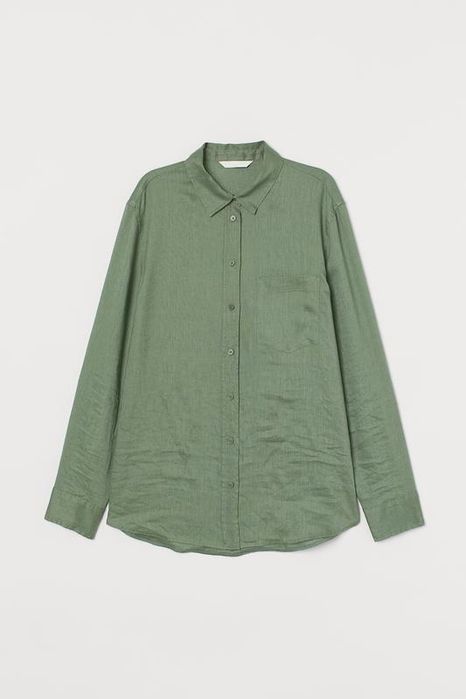 Льняная оверсайз рубашка h&m 100% лен, хаки, s