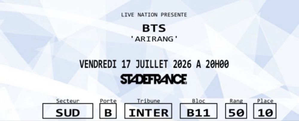 Bilhete BTS França dia 17/07/26