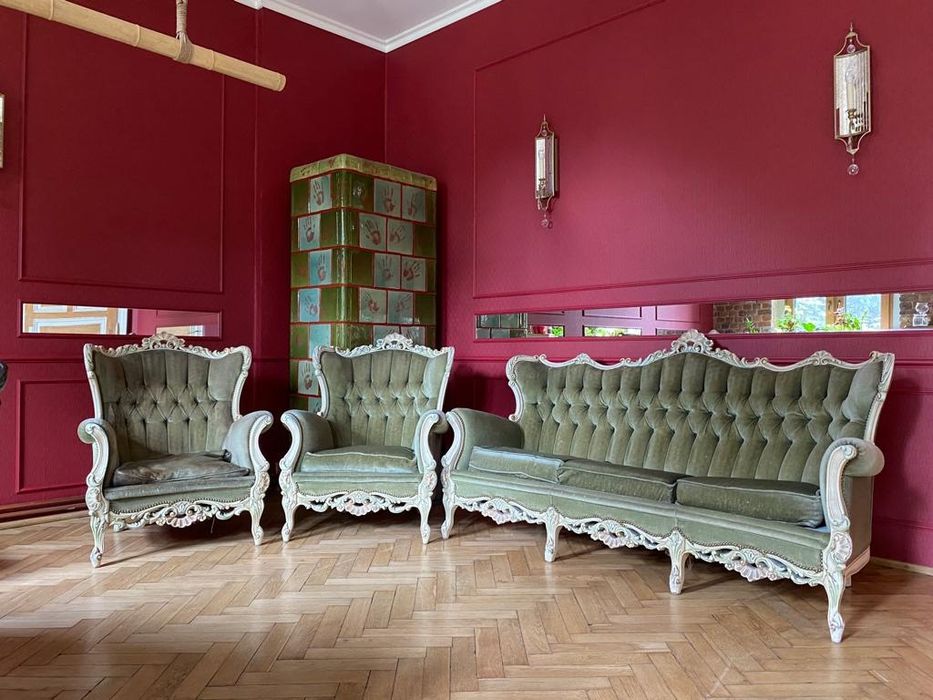 Komplet ecru ludwikowski zielony stylowy sofa Ludwik