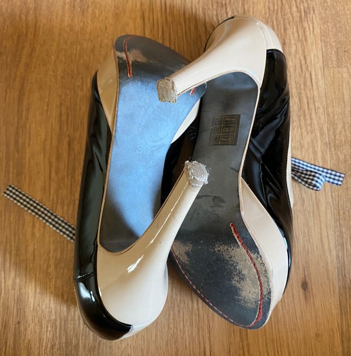 Buty na obcasie sandały Loft37 pin up beżowe czarne kokardka bez noska
