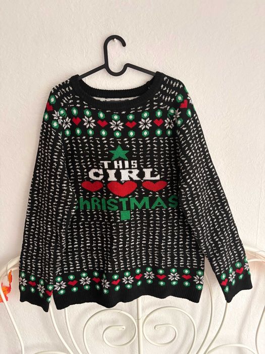 Ciepły świąteczny sweter z wzorami i napisem – rozmiar XL