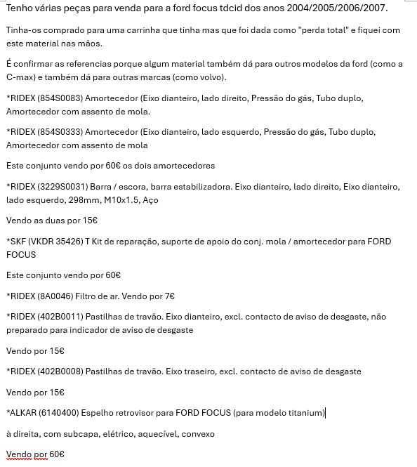 peças suspensão e outras para venda para a ford focus ou C-max, volvo tdci 1.6  PSA dos anos 2004/2005/2006/2007.