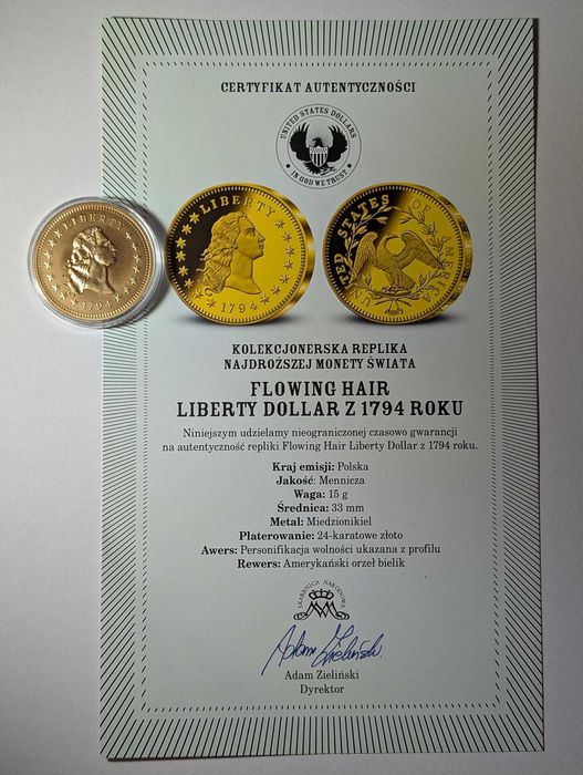 Moneta Replika Flowing Hair Liberty Dollar 1794 – Skarbnica Narodowa + Certyfikat