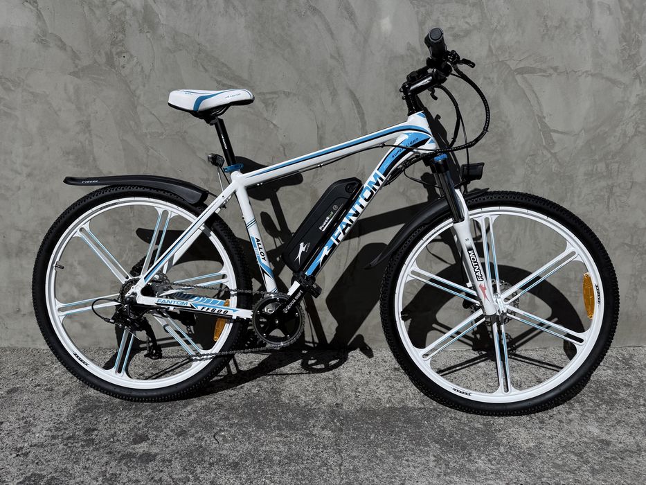 Rower elektryczny MTB biało niebieski 14Ah, bateria LG, napęd Shimano