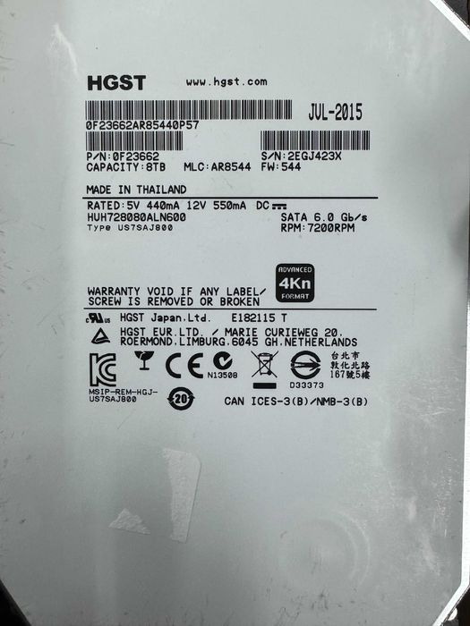 Продам жесткий диск HGST He8 8Tb SATA 0F23662 HUH728080ALN600