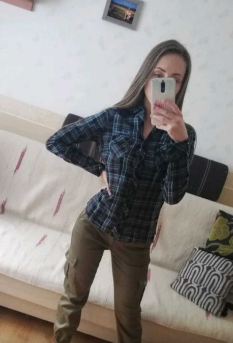 Koszula damska bluzka w kratkę brąz z błękitem ze srebrną nitką