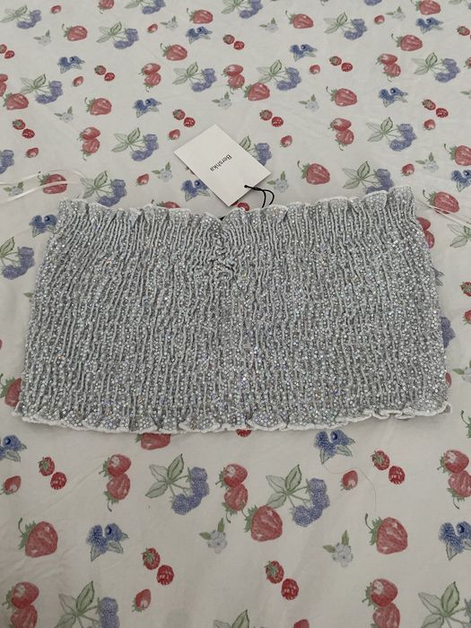 Top cropped Bershka com lantejoulas prateadas, franzido, L, novo
