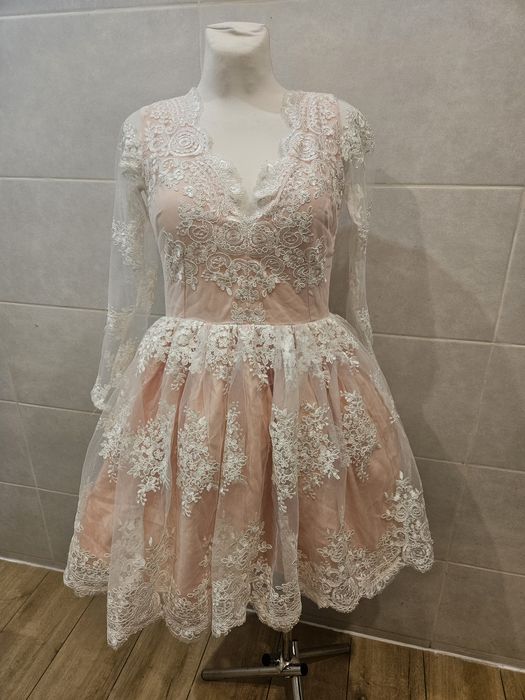 Pudrowy róż sukienka siateczka balowa tiul koronka xs