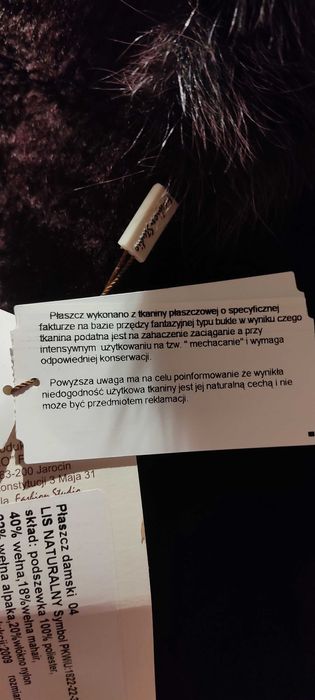 Płaszcz damski ''FASHION STUDIO"' rozmiar 46