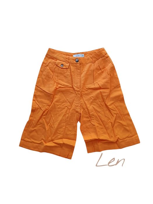 Pomarańczowe lniane spodnie do kolana bermudy szersze nogawki XS 34