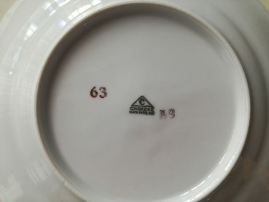 Duży talerz oraz talerze deserowe (6szt) z miętowym dekor. CHODZIEŻ