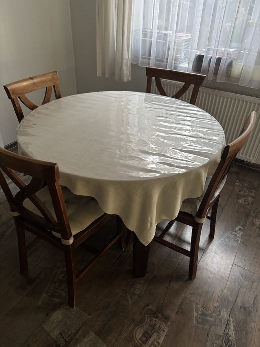 Duży stół okrągły ROZKŁADANY + krzesła | drewniany | stan bardzo dobry