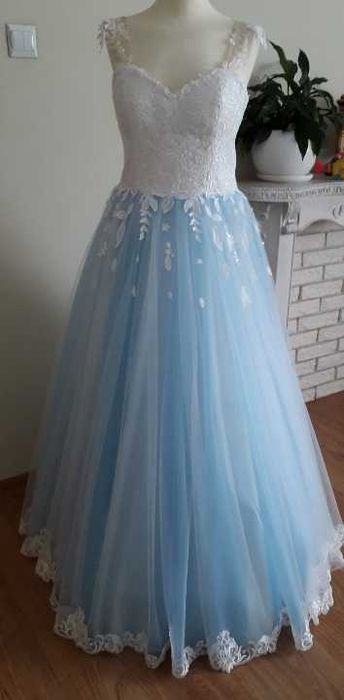 Sprzedam biało-błękitną suknię ślubną