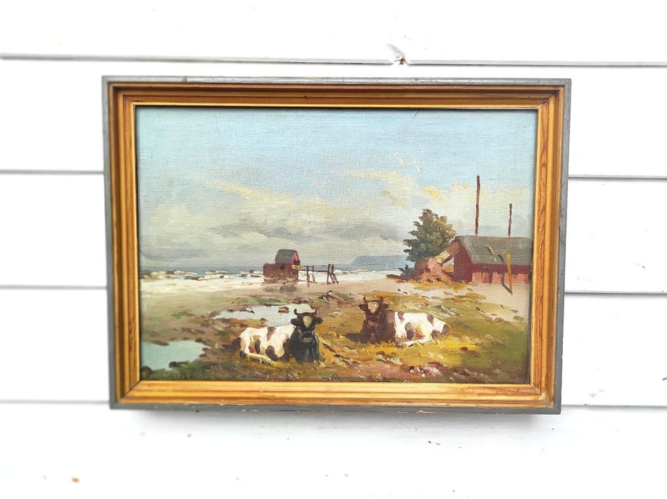 Stary obraz Sielski pejzaż Krowy Olej Płótno