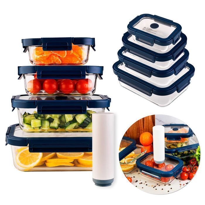 4x próżniowe prostokątne szklane pojemniki + pompka próżniowa