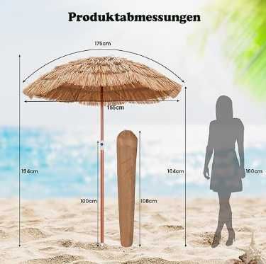 Hawajski Parasol Słomkowy COSTWAY UV 155cm Regulowany + Torba