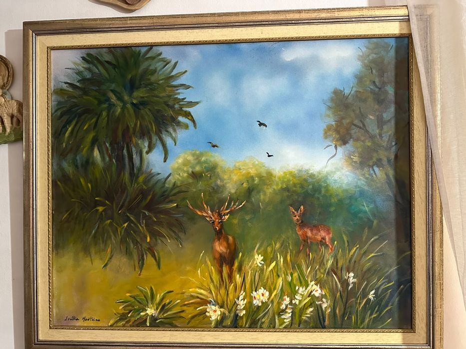 Quadro a Óleo sobre Tela – Paisagem com Veados – Assinado