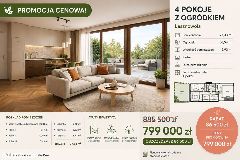 4 pokoje | 77m² | ogród 56 m ² | Standard Premium| Bez prowizji i pcc