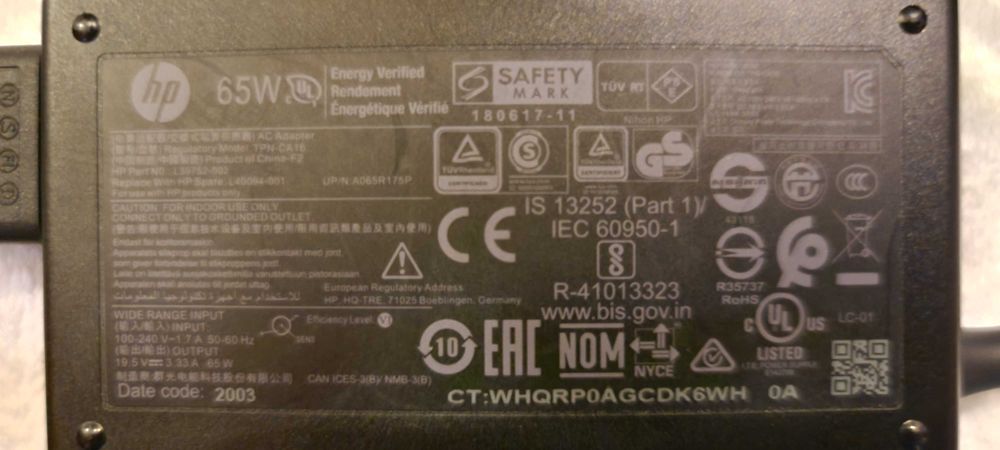 Original HP 65W Power Adapter - Model TPN-CA16