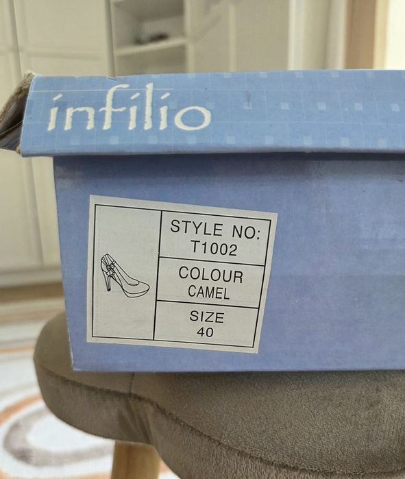 Infilio buty na obcasie szpilki 40 camel z kokardą na platformie