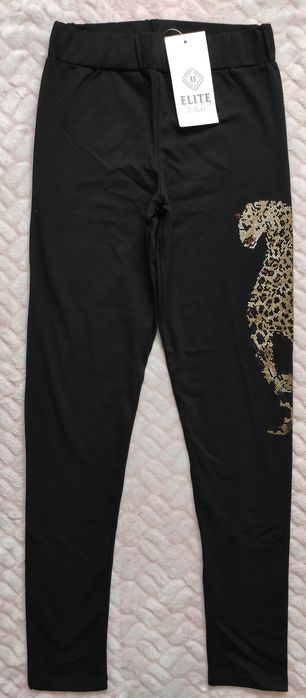 Nowe legginsy czarne z printem lamparta ze złoto czarnymi cekinami ELI